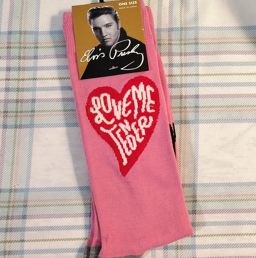 Elvis Presley Love Me Tender Pink Crew Socks with Heart Pattern, One Size